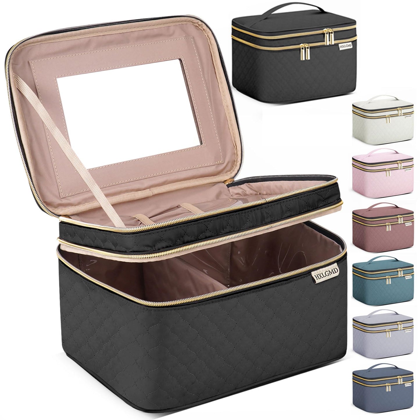 HXLGMD Large Makeup Bag with Mirror Double Layer Travel Make Up Organizer Case, Large Capacity Coemetic Bag with Brush Slot Divider