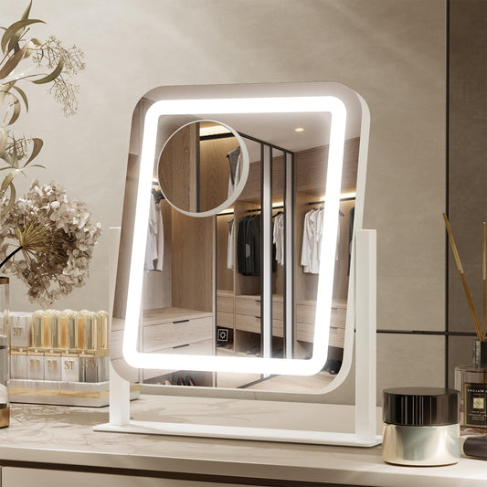 PRIMETEK Vanity Mirror with Lights, 16"x14" Large LED Lighted Makeup Mirror, Hollywood Makeup Mirror, Touch Screen, 3-Color Lighting, 5X Magnification, for Vanity Desk Tabletop, Bedroom, White