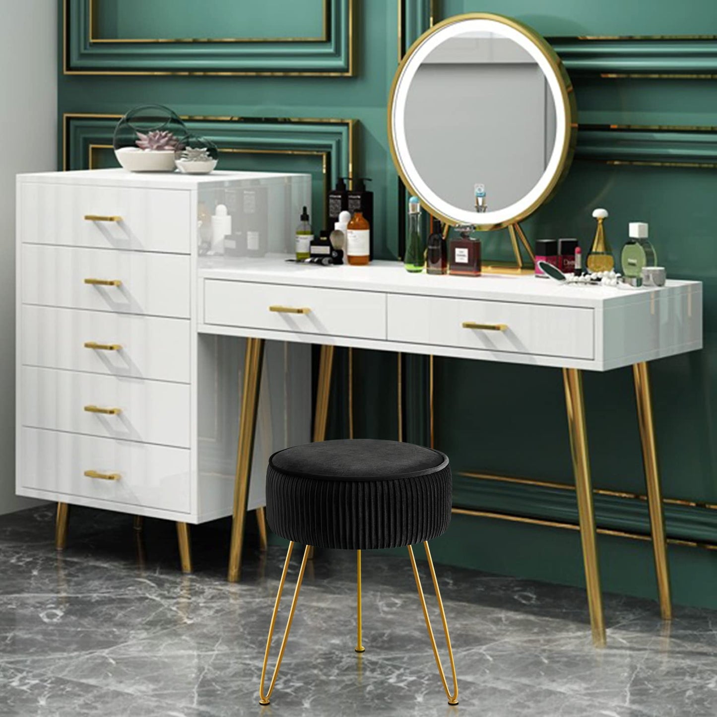 GERANT Multifunctional Vanity Stool,Modern Vanity Stools for Makeup Room,Velvet Round Ottoman Footrest Stool with Metal Legs, Upholstered Pleated Vanity Chair Stool for Living Room,Offices(Black)