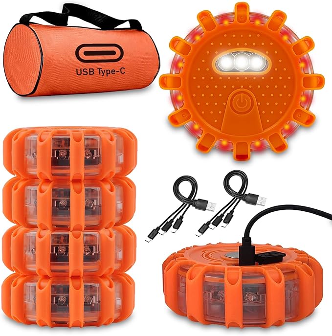 USB-C Rechargeable LED Road Flares Emergency Lights-Large Capacity (Lithium Battery) 3 in 1 Cable Roadside Warning Car Safety Beacon Flashing Disc Flare Kit with Magnetic Base for Vehicles