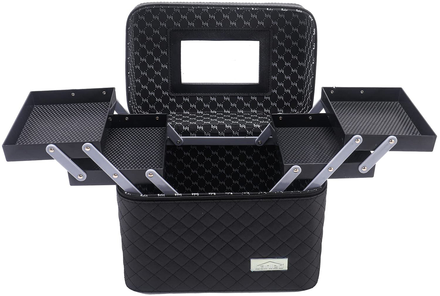 Sooyee Makeup Bag Cosmetic Bag with Mirror, 4 Layer Foldable Tray Makeup Organizer Open to the Sides, Makeup Travel Bag for Women, Train Case, Black
