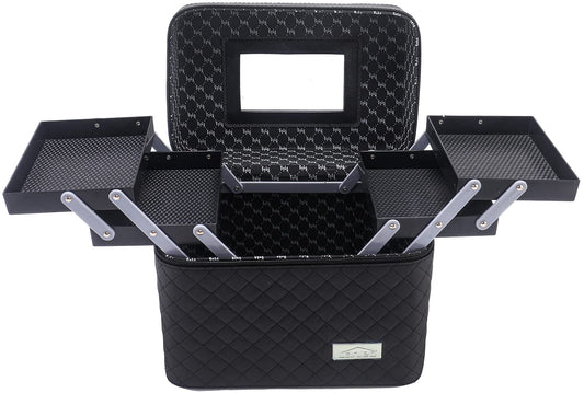 Sooyee Makeup Bag Cosmetic Bag with Mirror, 4 Layer Foldable Tray Makeup Organizer Open to the Sides, Makeup Travel Bag for Women, Train Case, Black