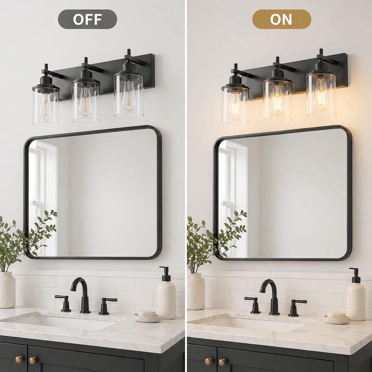 Lanhall 3-Light Black Bathroom Light Fixture Over Mirror Modern Farmhouse Bathroom Vanity Light Vintage Wall Lighting with Clear Glass Shade for Bathroom, Bedroom, Hallway, Cabinet
