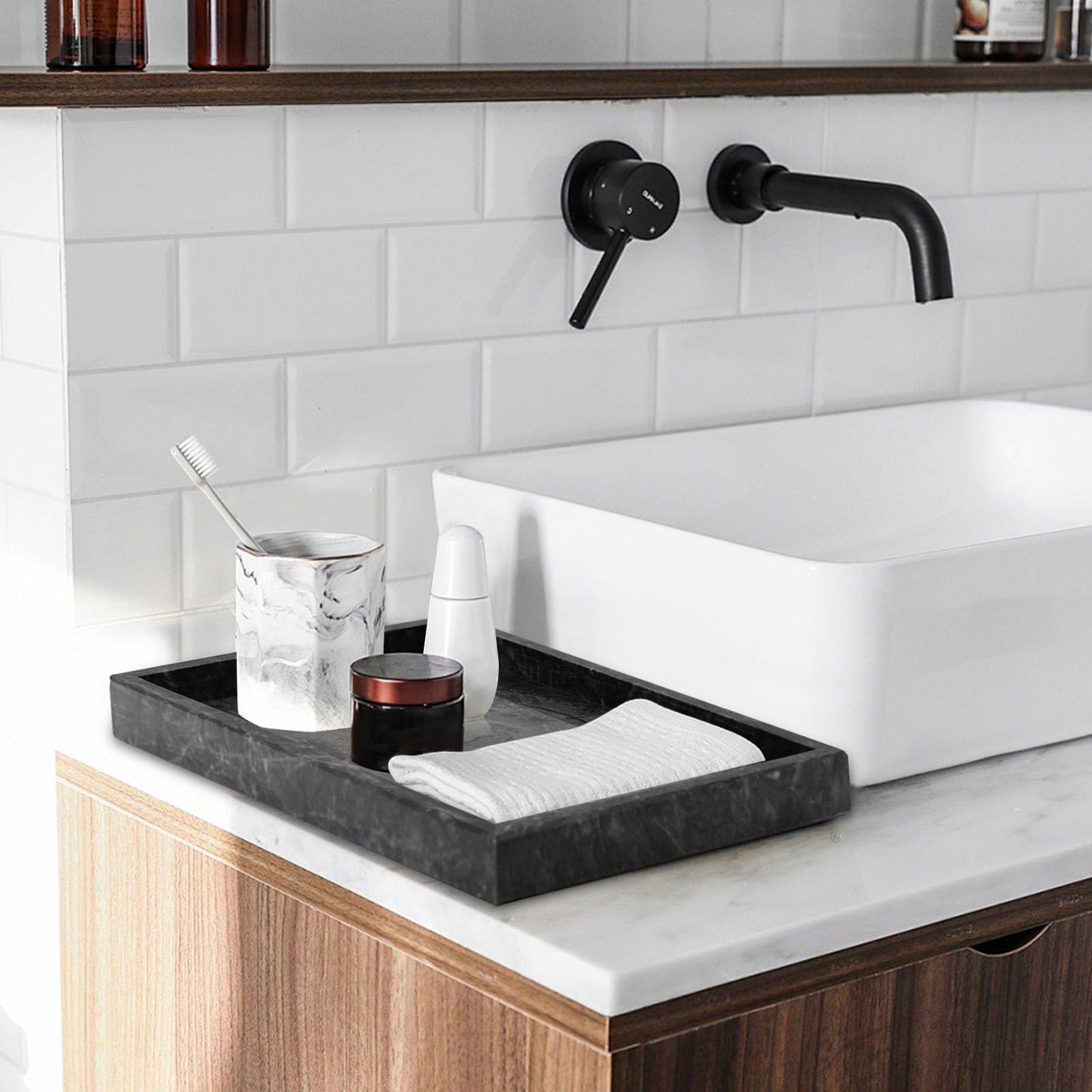 MULWR Marble Bathroom Tray,Pure Natural Vanity Tray,Marble Trays for Kitchen Counter Non-Ceramic/Non-Resin,Stone Tray 12 x 8 inch (Black) ﻿