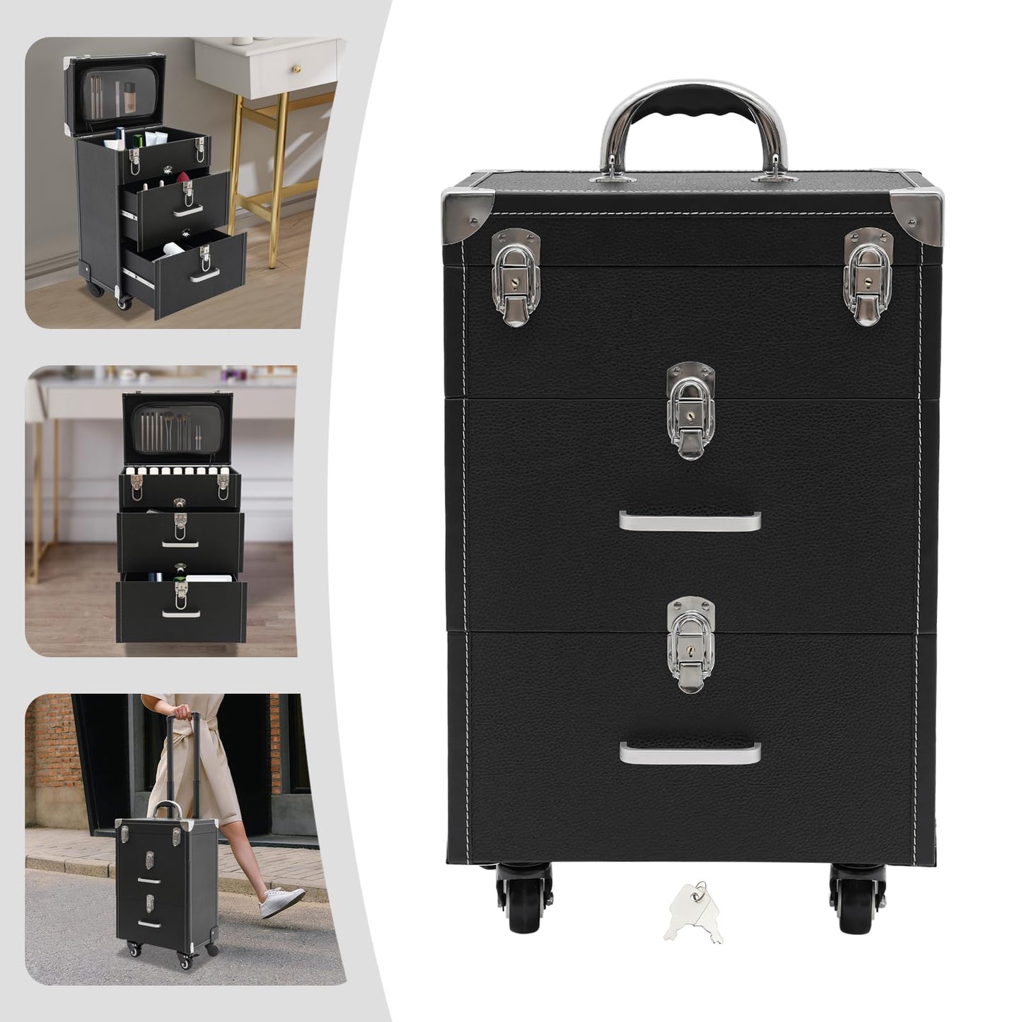 FLYHERO Professional Makeup Trolley Case, Rolling Makeup Nail Case Makeup Train Case with 4 Wheels Jewelry Travel Cosmetic Organizer Makeups Train Suitcase for Outdoor, Travel (Black+Silver)
