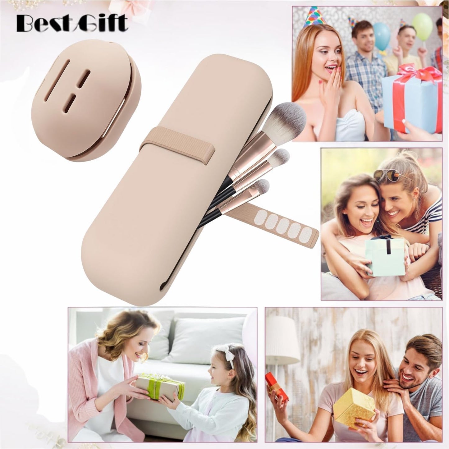 BSJIASHIWEI 2-in-1 Silicone Makeup Brush Holder Travel Case with Beauty Blender Pouch, Nylon Strap Closure, Odorless Waterproof Makeup Brush Organizer for Travel, Fits 12 Full-Size Brushes (Khaki)