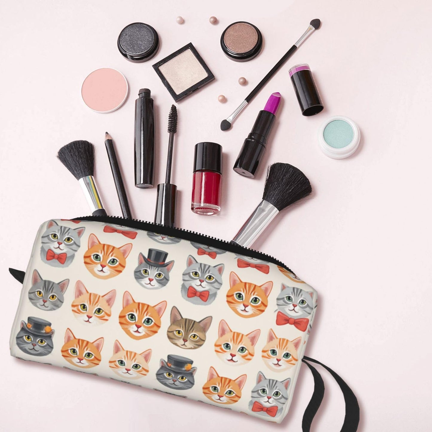OLUSENMO Small Makeup Bag for Travel - Cute Cat Print Cosmetic Organizer with Zipper Closure Oxford Fabric Impact-Resistant Multi-Purpose Storage Perfect for Gym, Daily Use