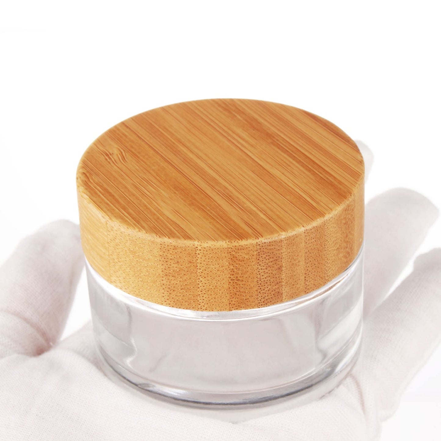 COSIDEA 6pcs Empty 1.7 OZ/50g Round Clear Glass Jars with Bamboo lids, Bamboo Cream Jar Refillable Cosmetic Travel Containers for Lip Balm, Ointments, Lotion Packing