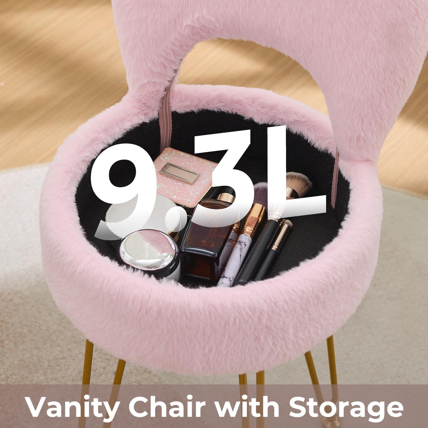 RUCUKEN Faux Fur Pink Small Vanity Chair & Stool - 13" Dx13 W Folding Back Storage Ottoman, Anti-Slip Golden V-Leg for Bedroom Makeup Room