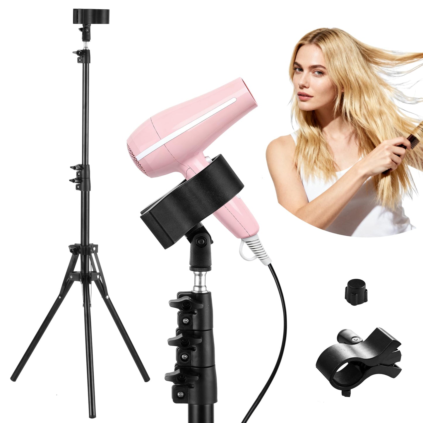 Hands-Free Hair Dryer Stand for Home Blow Drying, DIY Styling, Salon&Live Streaming Ideal for Long Hair Women Busy Moms People with Arm Shoulder Pain 30-62 Inch Adjustable Height Tripod, 360° Rotation