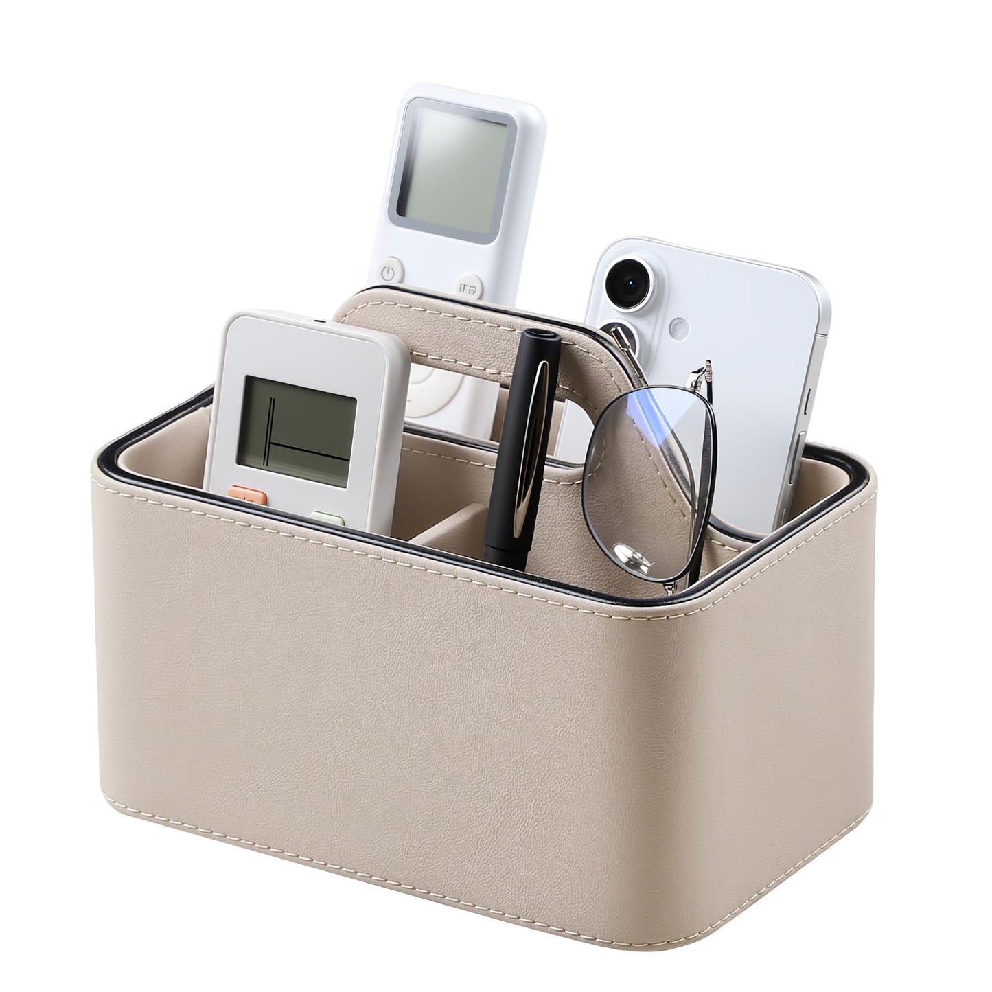 NICLNGSH Caddy Organizer with Handle, PU Leather Remote Control Holder Desk Caddy, Portable Makeup Remote Organizer for Table, Nightstand, Office (Beige)
