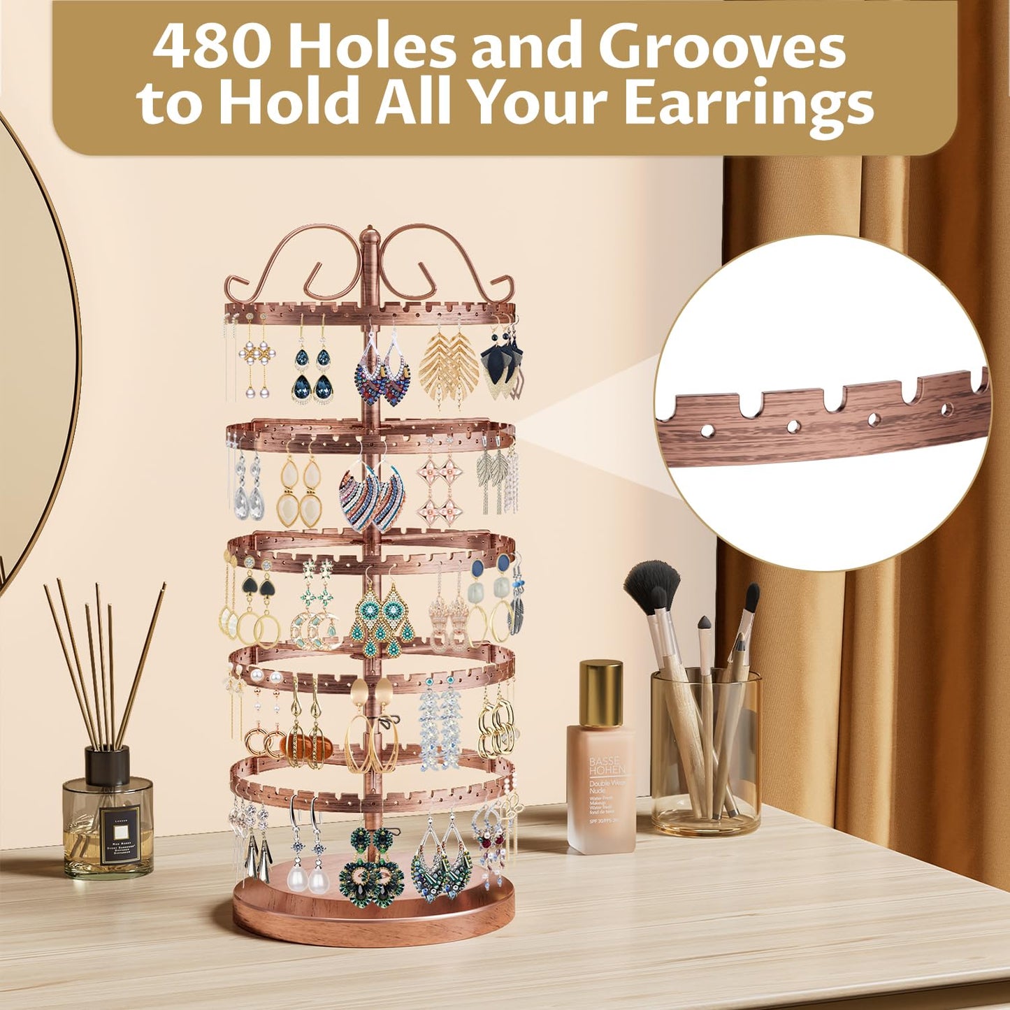 LASZOLA 5 Tier Bronze Earring Holder Organizer Tree Women Display Storage for Stud and Hoop, Large Cool Rotating Clip Stand for Pierced and Dangle Earring, Vertical Metal Tower Carousel with 400 Holes