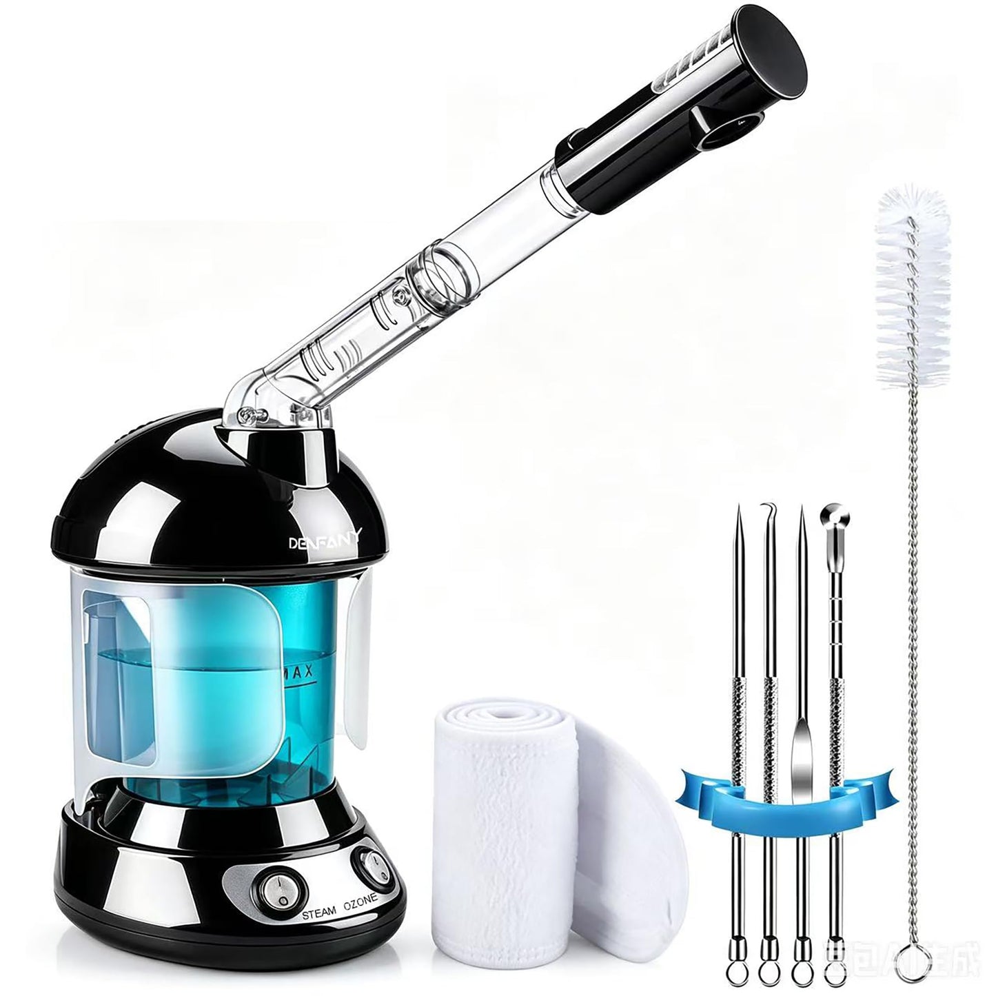 Facial Steamer - DENFANY Nano Ionic Face Steamer with Extendable 360° Rotating Arm - Portable Facial Steamer for Personal Care at Home or Salo （Black）