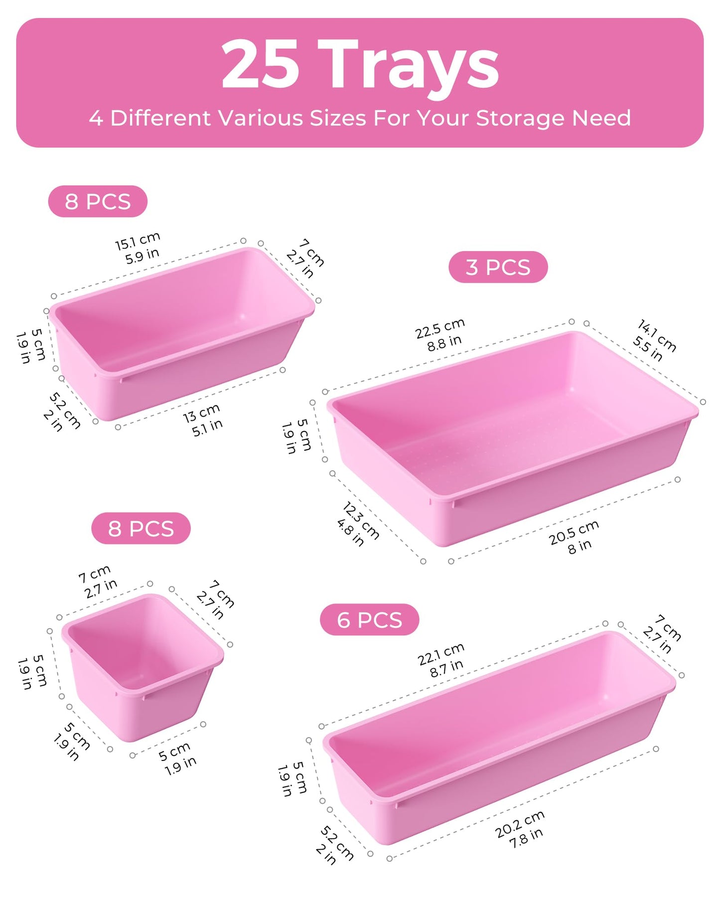 BiuLeon 25 PCS Plastic Drawer Organizers Set, 4-Sizes Vanity and Makeup Organizer, Desk and bathroom Drawer Organizer Trays, Organizers and Storage for Makeup, Jewelry, Gadgets, Utensils(Light Purple)