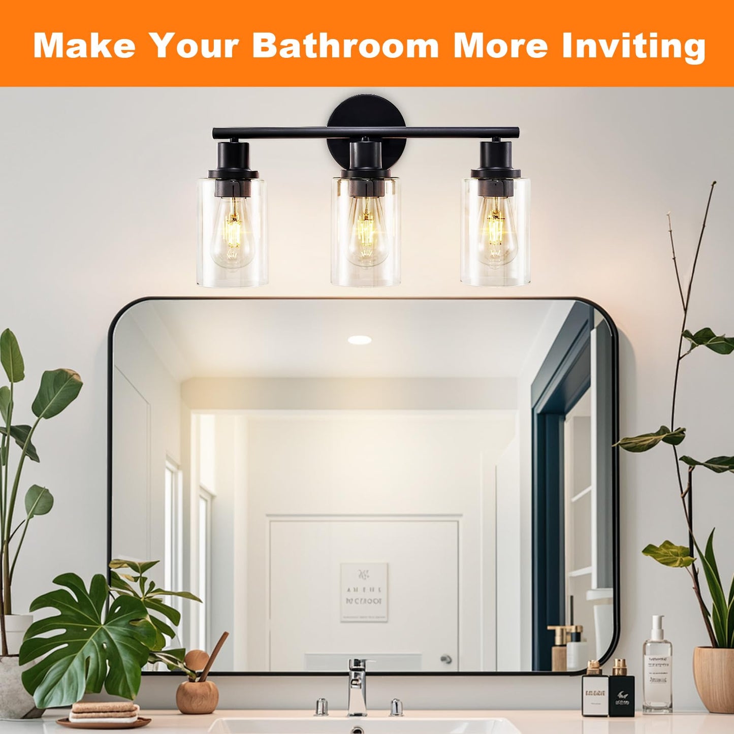 DLLT 3-Light Bathroom Light Fixtures: 18.51" Black Modern Vanity Lights with Clear Glass Shade - Bathroom Wall Lamp for Mirror Kitchen Living Room Hallway Cabinet Porch