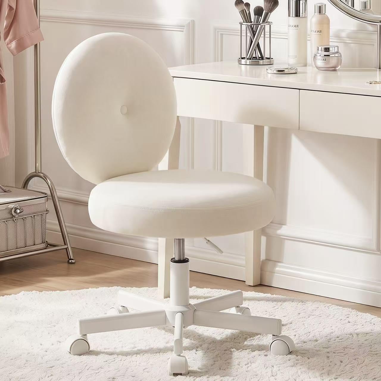 Furniliving Round Velvet Vanity Chair with Wheels, 360° Swivel Armless Desk Chair, Adjustable Height Rolling Makeup Chair for Bedroom Study Room, White