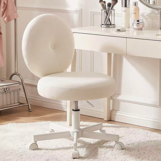Furniliving Round Velvet Vanity Chair with Wheels, 360° Swivel Armless Desk Chair, Adjustable Height Rolling Makeup Chair for Bedroom Study Room, White
