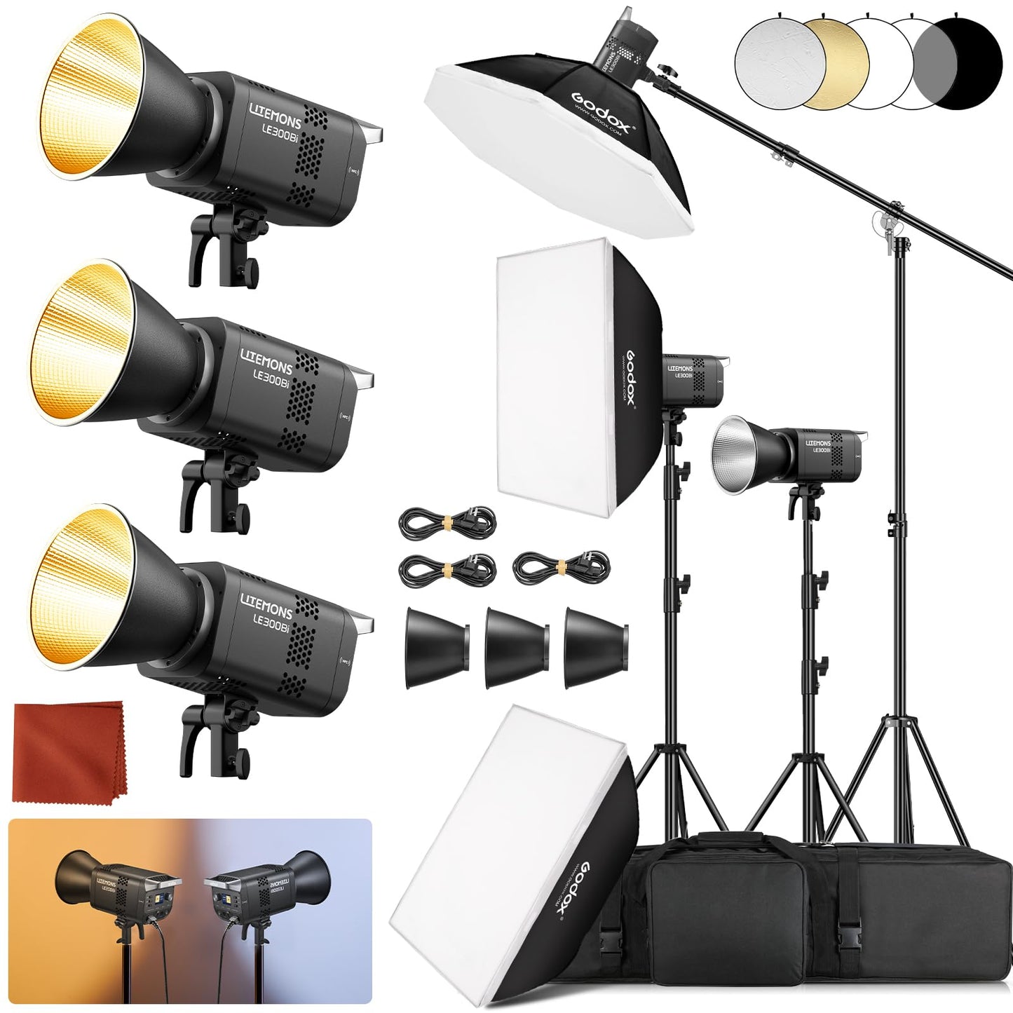 GODOX 3Pack LE300Bi Light Kit, Godox Litemons LE300Bi Video Light with Softbox Light Stand, Bowens Mount, DMX/Bluetooth APP Control, NFC Connection, 2800K~6500K, 58900Lux@1m, CRI/TLCI98, 11 Fx Effects