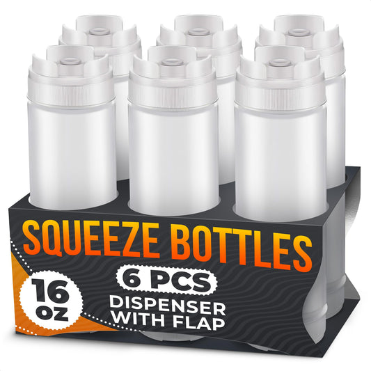 Set of 6 Inverted Condiment Squeeze Bottles 16 oz – Upgraded Design with Added Sealing Gaskets, Self-Closing Valve, Easy-to-Fill Clear Bottles for Sauces, Dressings, Ketchup, Mustard for Everyday Use