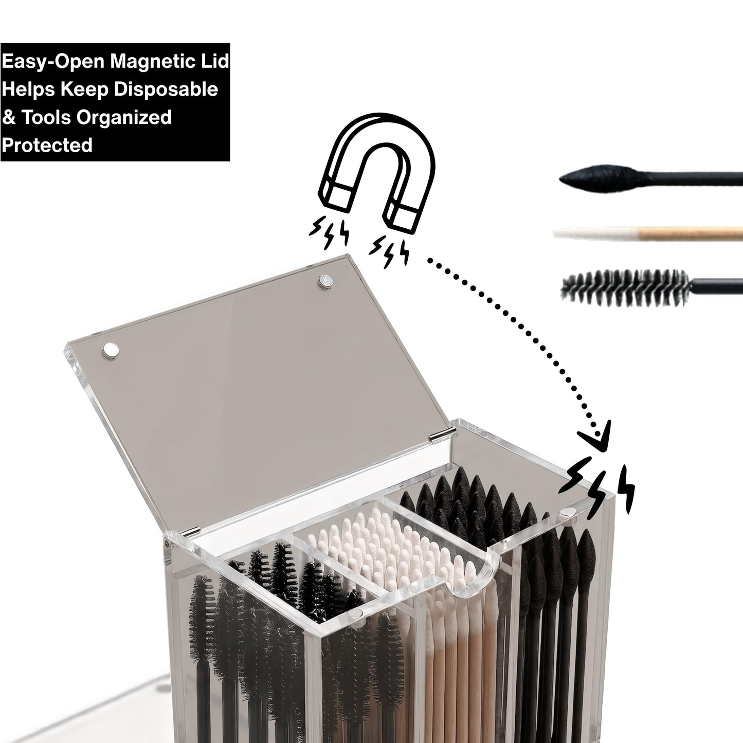 OR KO Dark Acrylic Makeup Organizer Box with Magnetic Lid Cover - 3 Compartment Acrylic Makeup Brush Holder & Cosmetic Organizer for Disposable Makeup Applicators, Brushes, & Mascara Wands