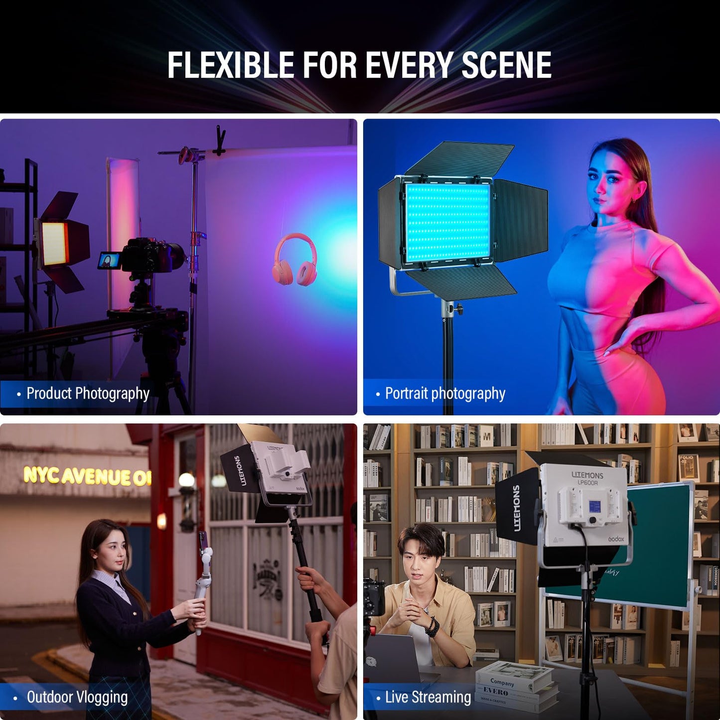 Godox LP600R 60W RGB LED Light Panel 2-Light Kit, 2-Pack with Battery Power, Light Stand, Carrying Case, 1800-10000K, 9270Lux@0.5m, APP Control for YouTube Video Recording and Live Streaming
