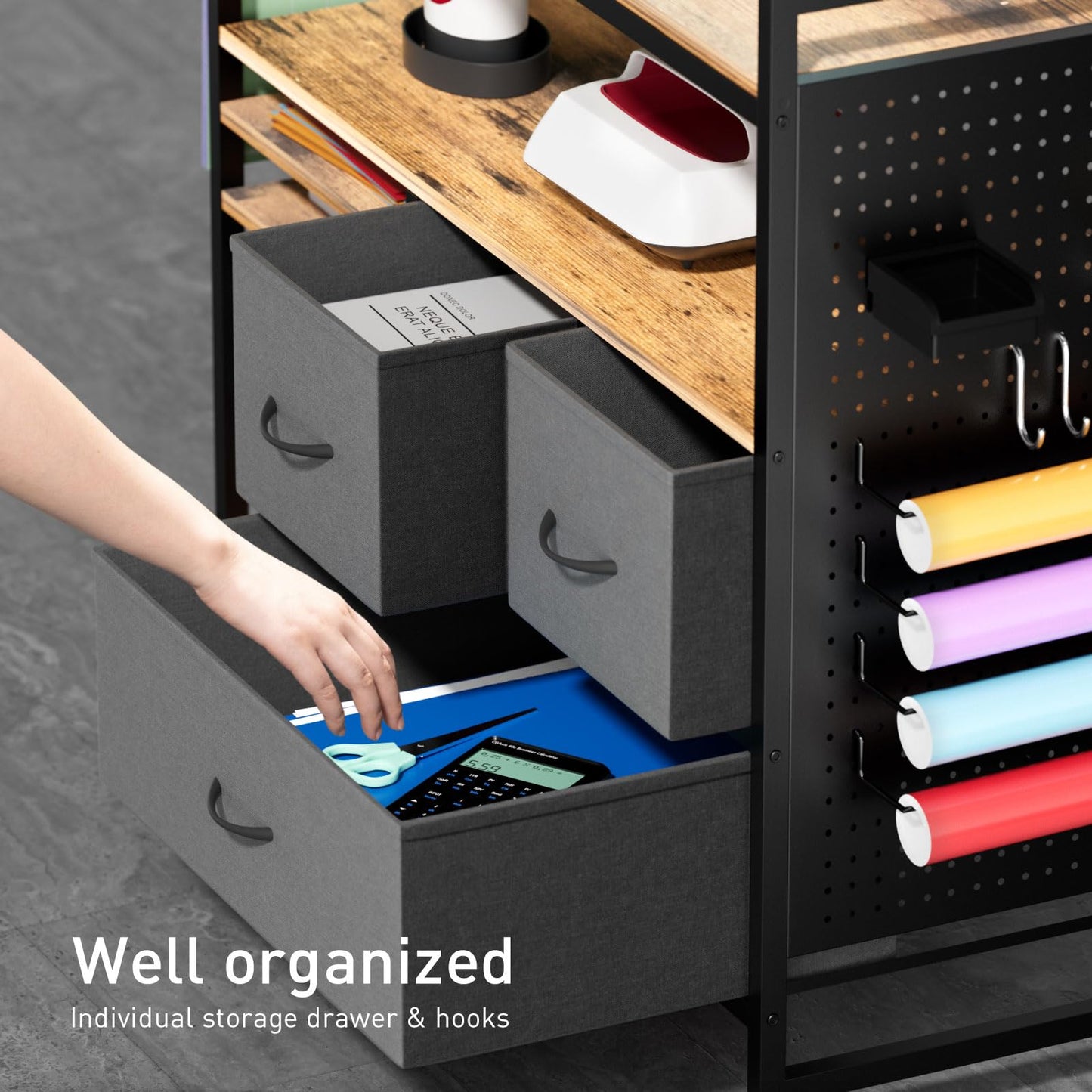 PUNLUXU Organizers and Storage Compatible with Cricut Machines - Vinyl Roll Holder, DIY Pegboard with Accessories Organizer, Rolling Craft Table with Storage Cabinet Workstation PU-03 Patent Protected