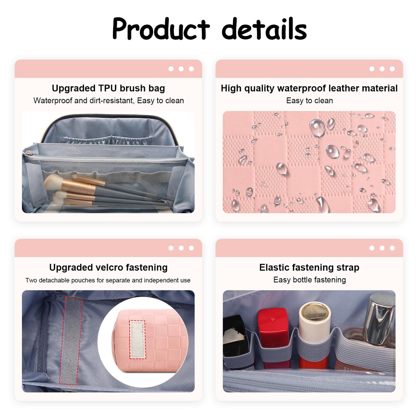 BOYATU Travel Makeup Bags for Women: Sweet Pink Checkered Large Capacity Cosmetic Bag - You Deserve a Little Sweetness Every Day - 3 Pcs Toiletry Organizer Holds 10-20 Full-Size 50-100ML Bottles