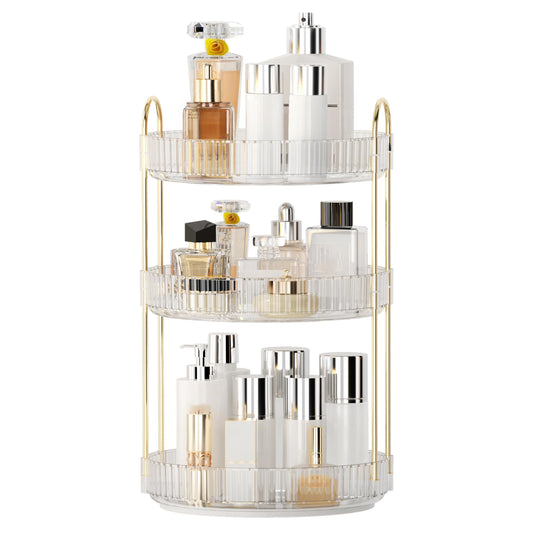 YCIA&DONE 360 Rotating Makeup Organizer and Storage for Vanity Countertop 3 Tiers, High Capacity Cosmetic Skincare Perfume Organizers for Dresser Bathroom Lazy Susan (Clear White)