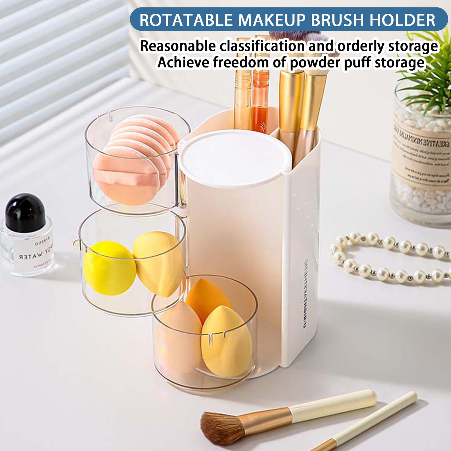 Azurphoric Hair Accessories Organizer with Hair Brush Holder, Rotatable Makeup Brush Holder for Necklaces, Earring, Bracelet, Ring, Makeup Brushes, Hair Clip and Hair Accessories (White, 3-Layer)