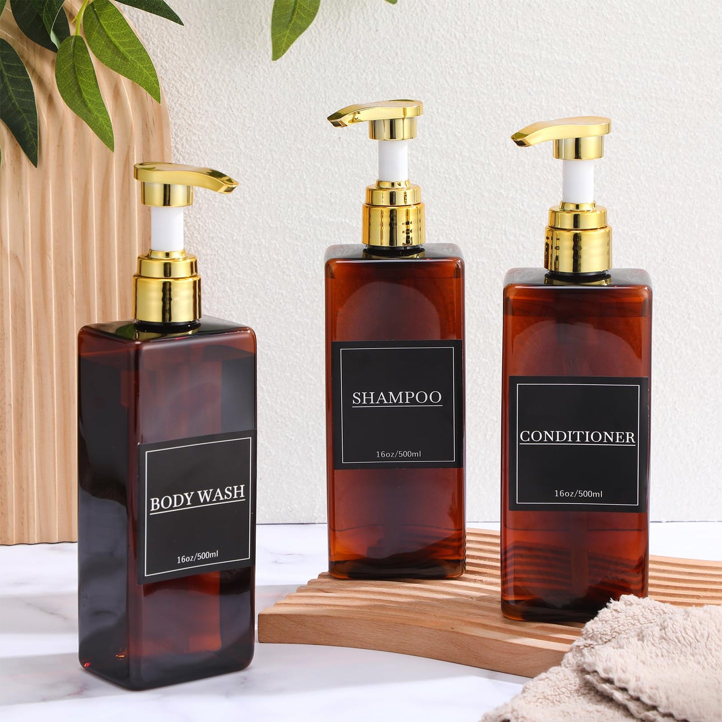 Gejoy 12 Pack Amber Shampoo and Conditioner Dispenser Bottles, 17 Oz/ 500ml Refillable Empty Pump Bottles with Labels and Marker Pen, Plastic Square Pump Dispenser Bottle for Bathroom Body Wash Shower