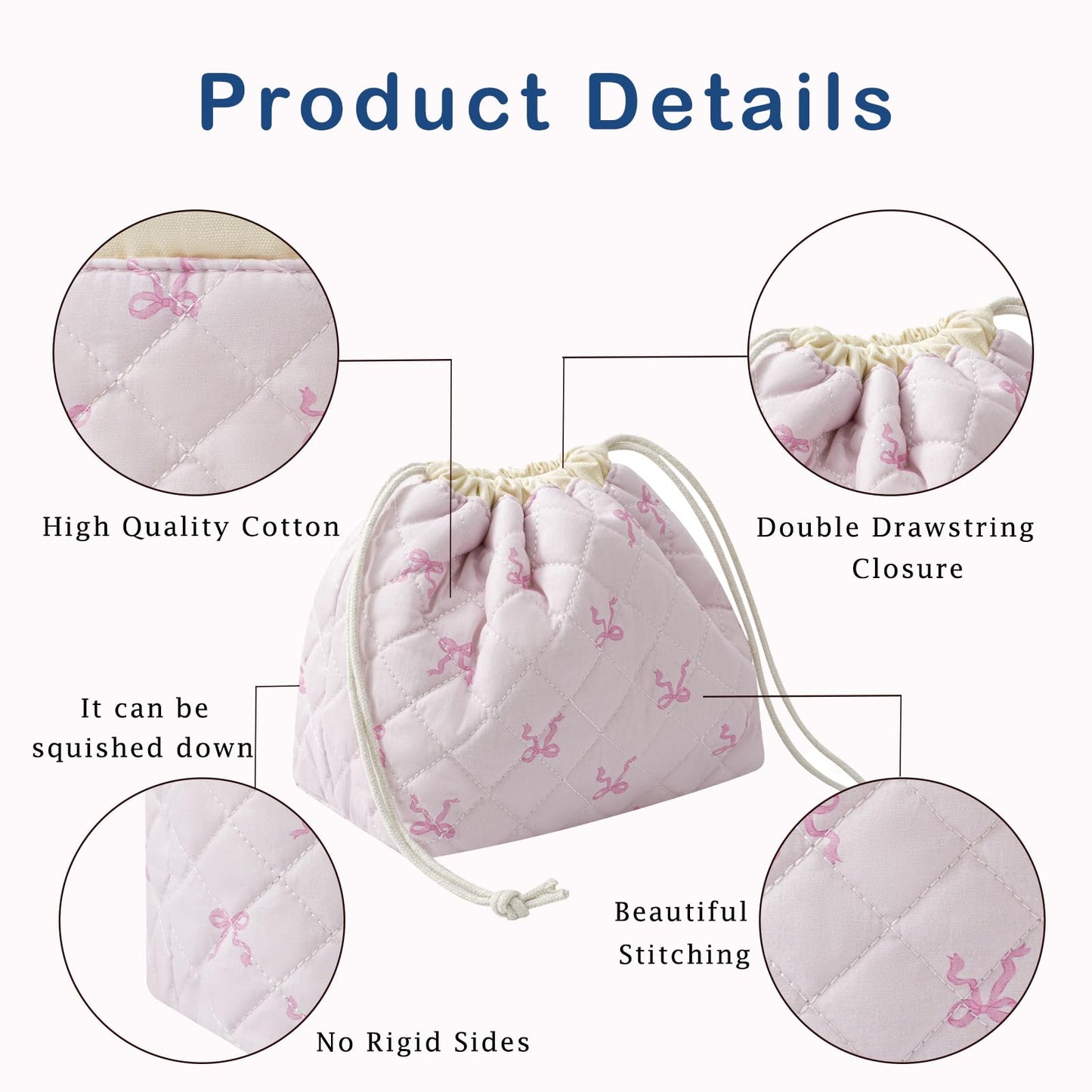 Cotton Quilted Drawstring Makeup Bag with Canvas Lining,Coquette Aesthetic Cute Travel Toiletry Bag,Drawstring Gift Bag for Women and Girls（13Small Pink Bow）