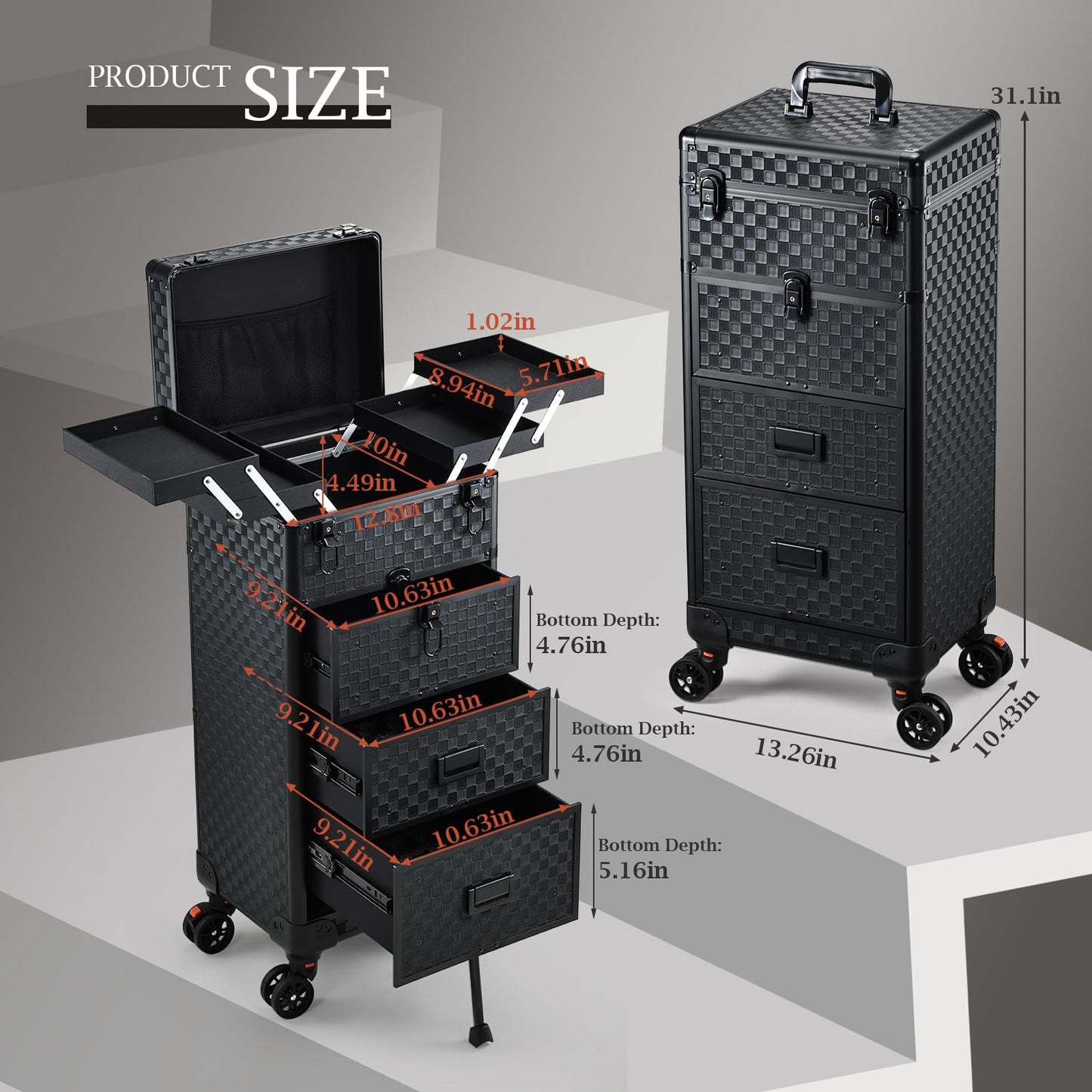 Stagiant Rolling Makeup Case with Drawers Cosmetology Case on Wheels 4 IN 1 Makeup Case 3 Drawers with Foot Stand Spring-release Mechanism Rolling Make Up Organizer for Artist Salon Nail Teach Trunk