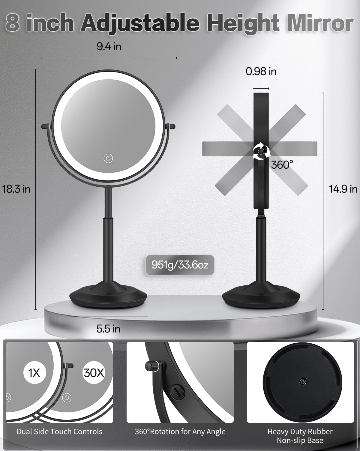VFD 30X/1X Makeup Mirror with Lights, Height Adjustable Lighted Magnifying Vanity Mirror with 3 Lighting and Adjustable Brightness, 3000mAh Rechargeable Double Sided Switch for Desk Women Gift