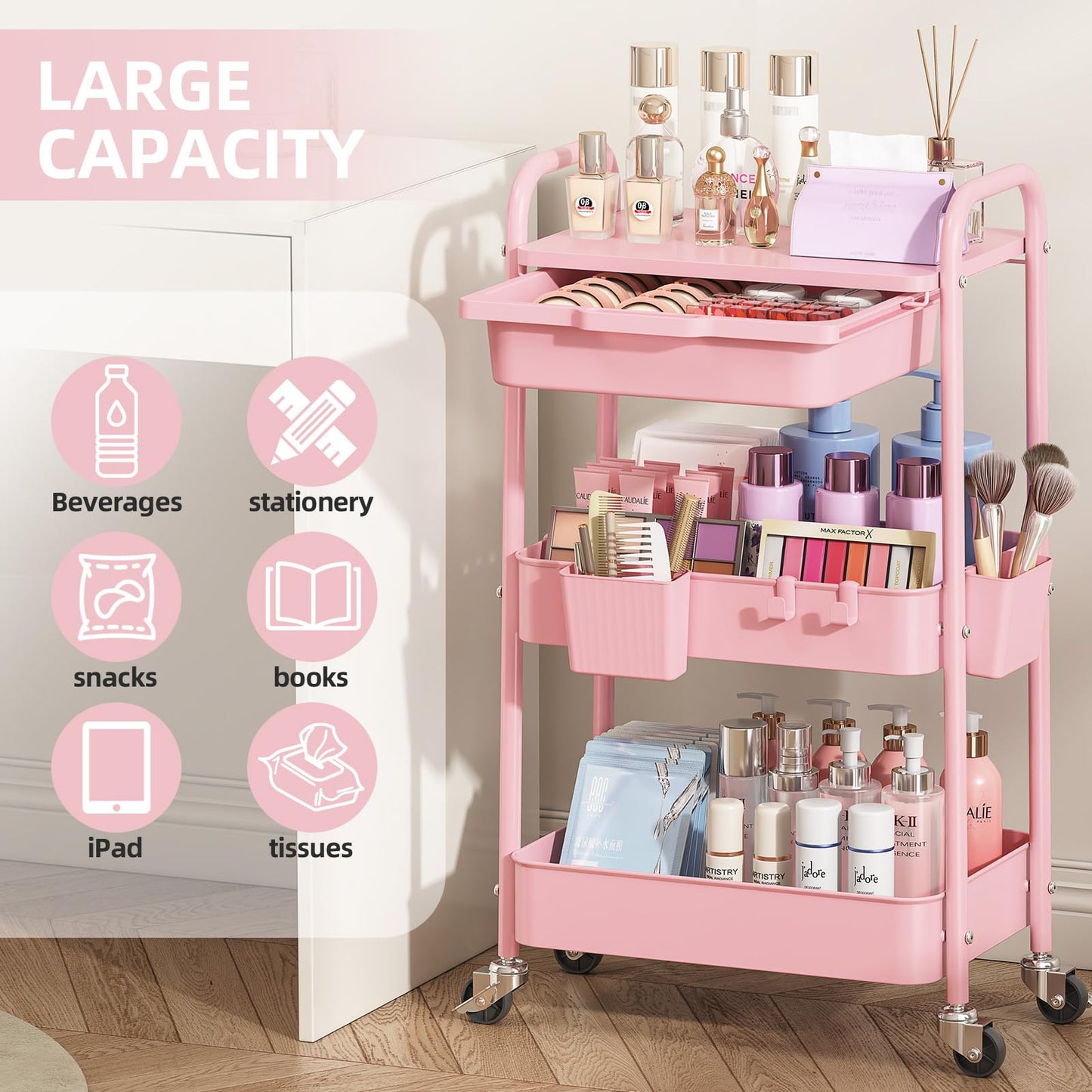 3 Tier Metal Rolling Utility Cart with Drawer & Lockable Wheels - Heavy Duty Multifunctional Storage Organizer with 2 Cups and 4 Hooks for Bathroom, Kitchen, Snack, Craft, Makeup, Baby Essentials