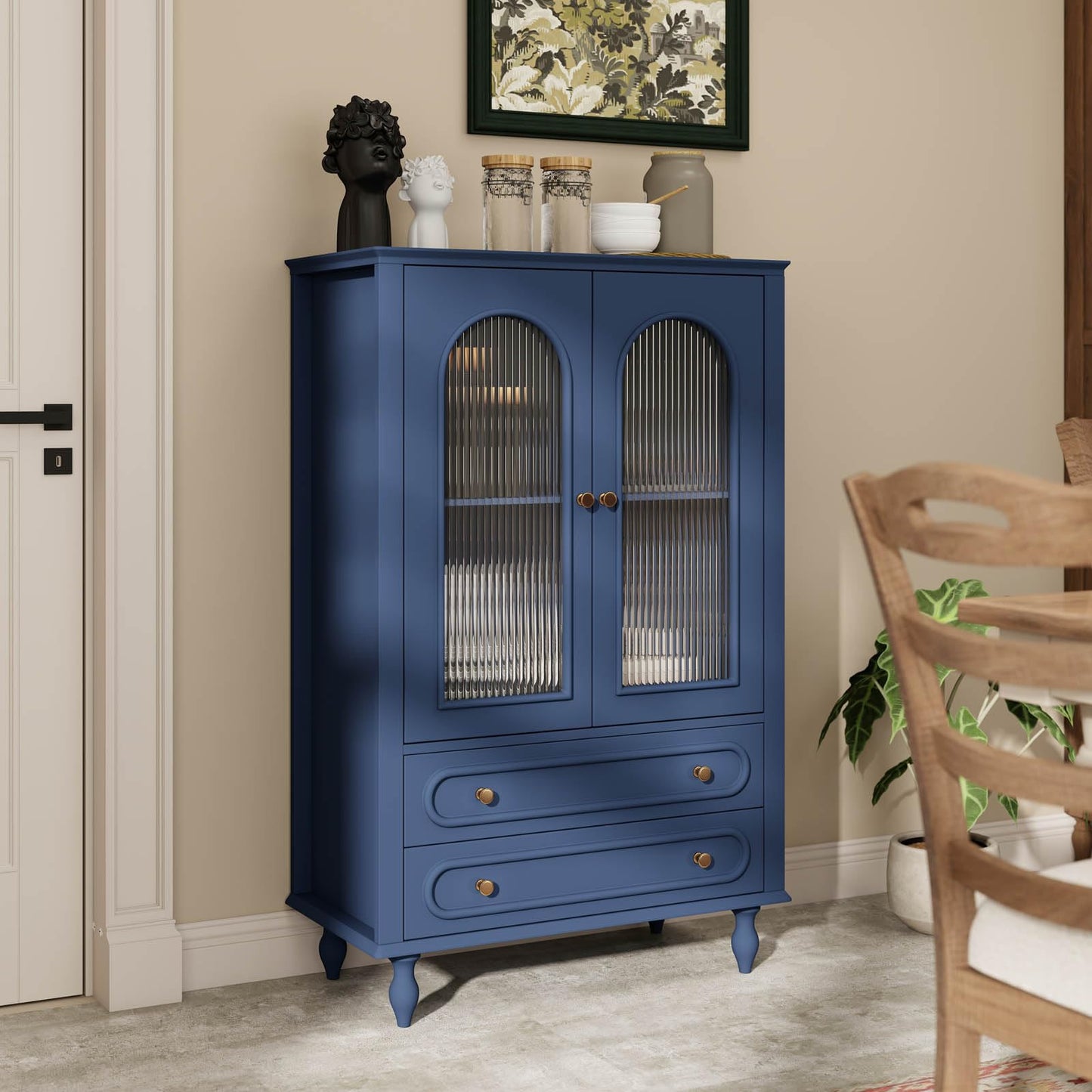 46.5'' Tall Buffet Cabinet with Arched Fluted Glass Doors and Drawers,Modern Accent Cabinet with Solid Wood Legs,Wooden Storage Cabinets for Living Room,Dining Room Hallway Entryway,Navy Blue