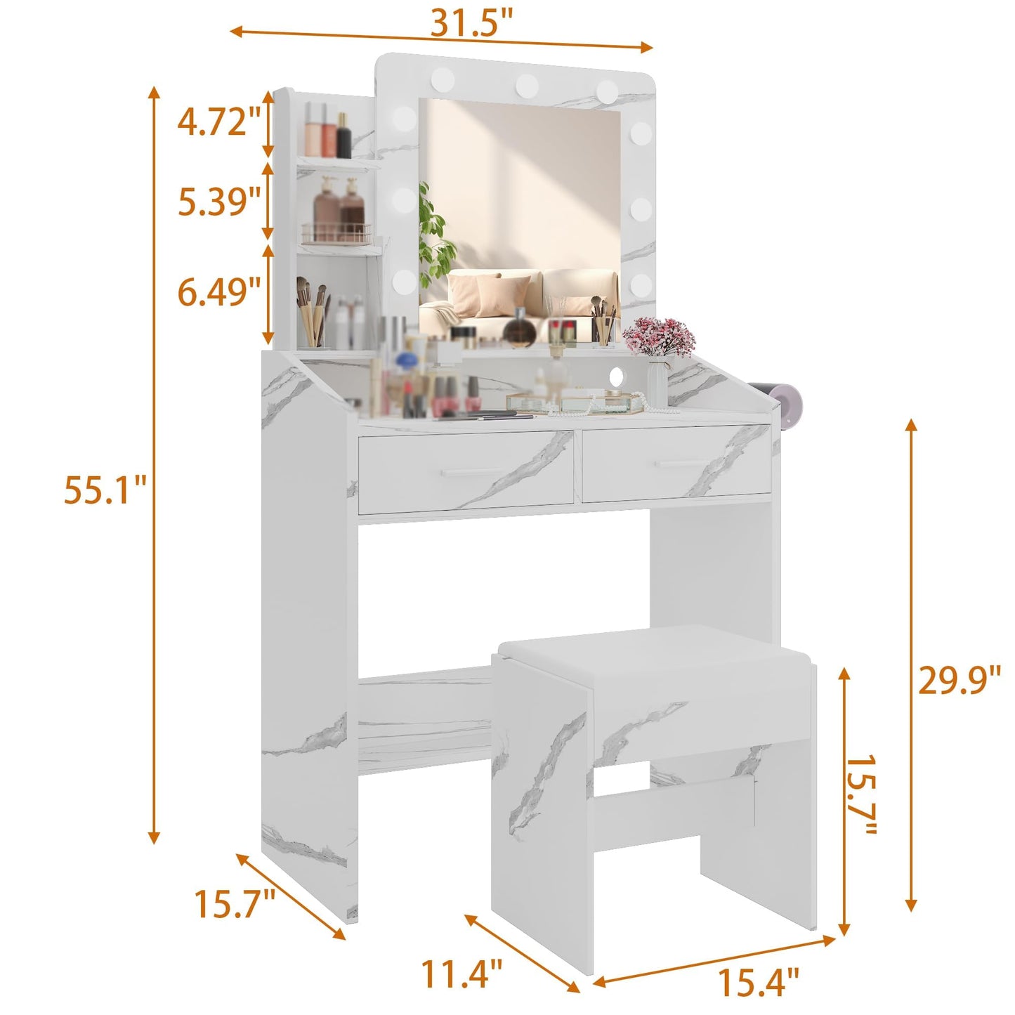 Garvee Marble White Vanity Table Set with Large Mirror – Dimmable LED Lights, 7 Drawers, Cushioned Stool, Adjustable Lighting, Power Outlet, Hairdryer Holder – Bedroom, Marble White