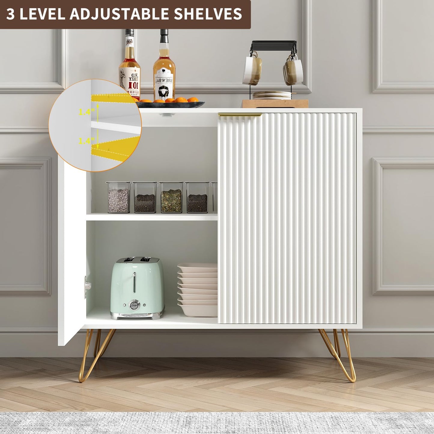 NOVAMAISON White Buffet Cabinet with Storage - Fluted White and Gold Cabinets with 2 Doors and Adjustable Shelf, Modern Accent Cabinet Console Coffee Bar Table for Kitchen, Entryway, Office
