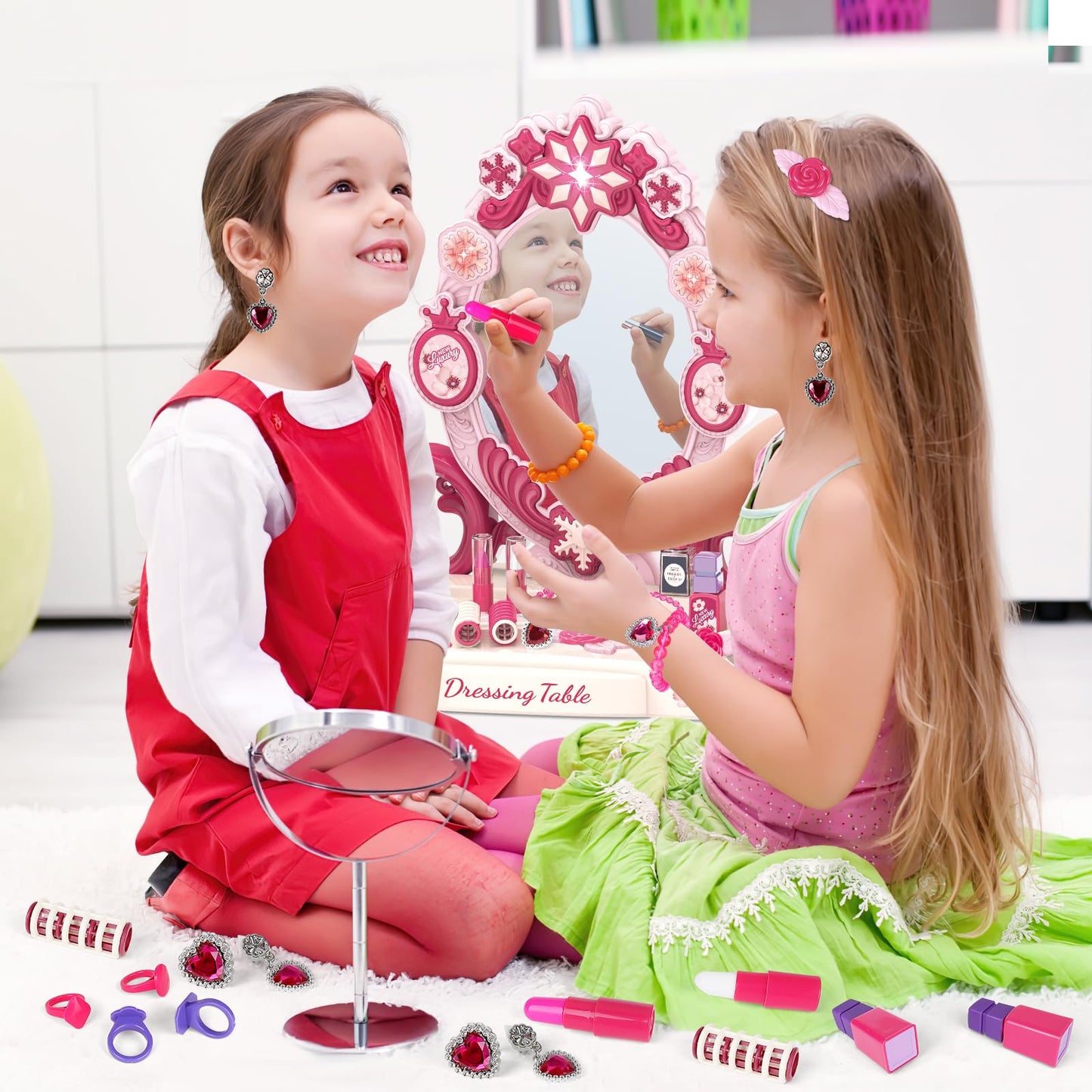 deAO Kids Vanity Table and Chair Set with Mirror and Chair, Toddler Vanity with Light & Music, Pretend Play Makeup & Hair Dryer Toy, Beauty Salon Gift for Girls Ages 3-5