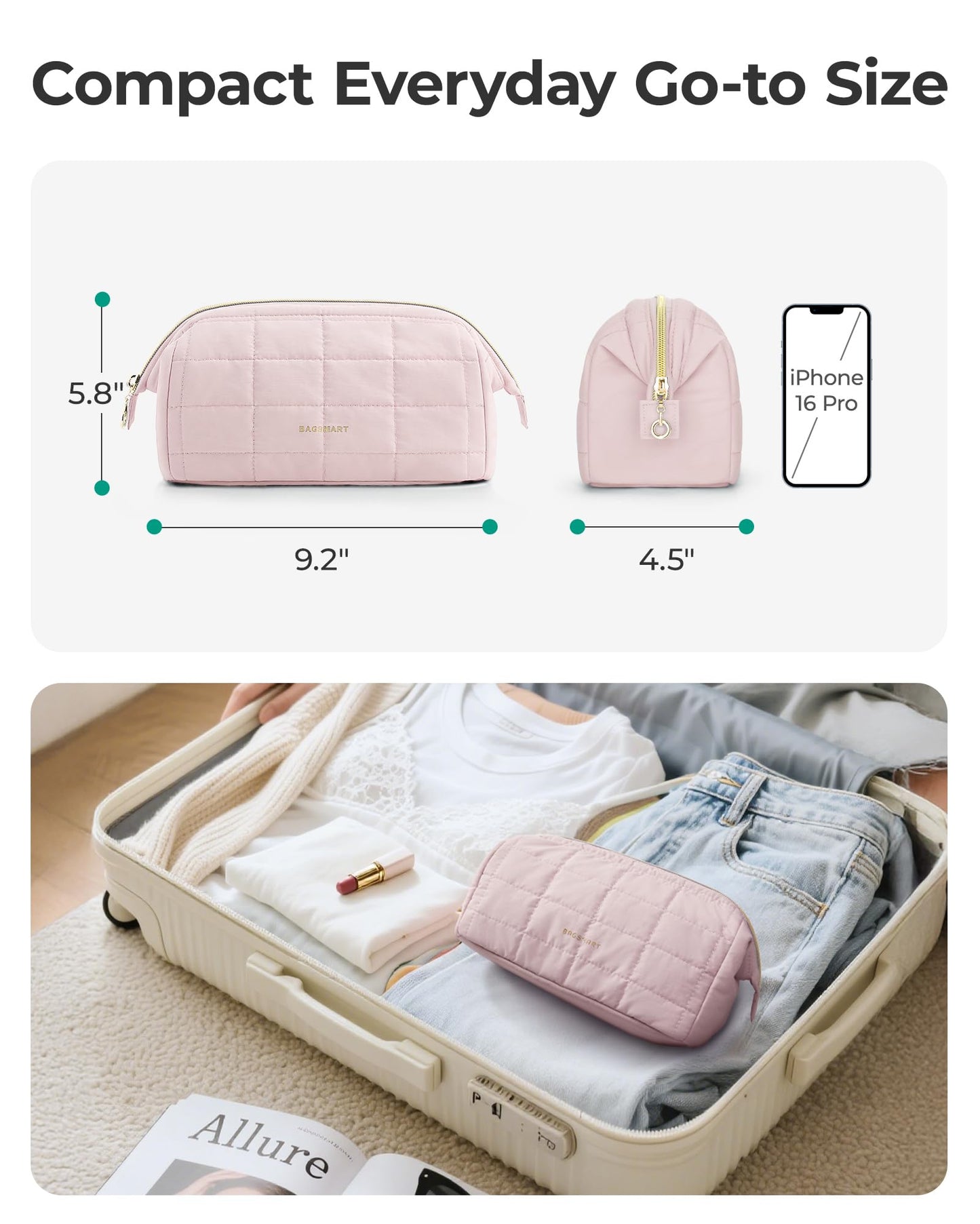 BAGSMART Makeup Bag Travel Cosmetic Bag, Puffy Padded Make Up Bags for Women Makeup Organizer Case, Wide-open Pouch Purse Travel Essentials Toiletries Accessories Brushes, Grayish Purple
