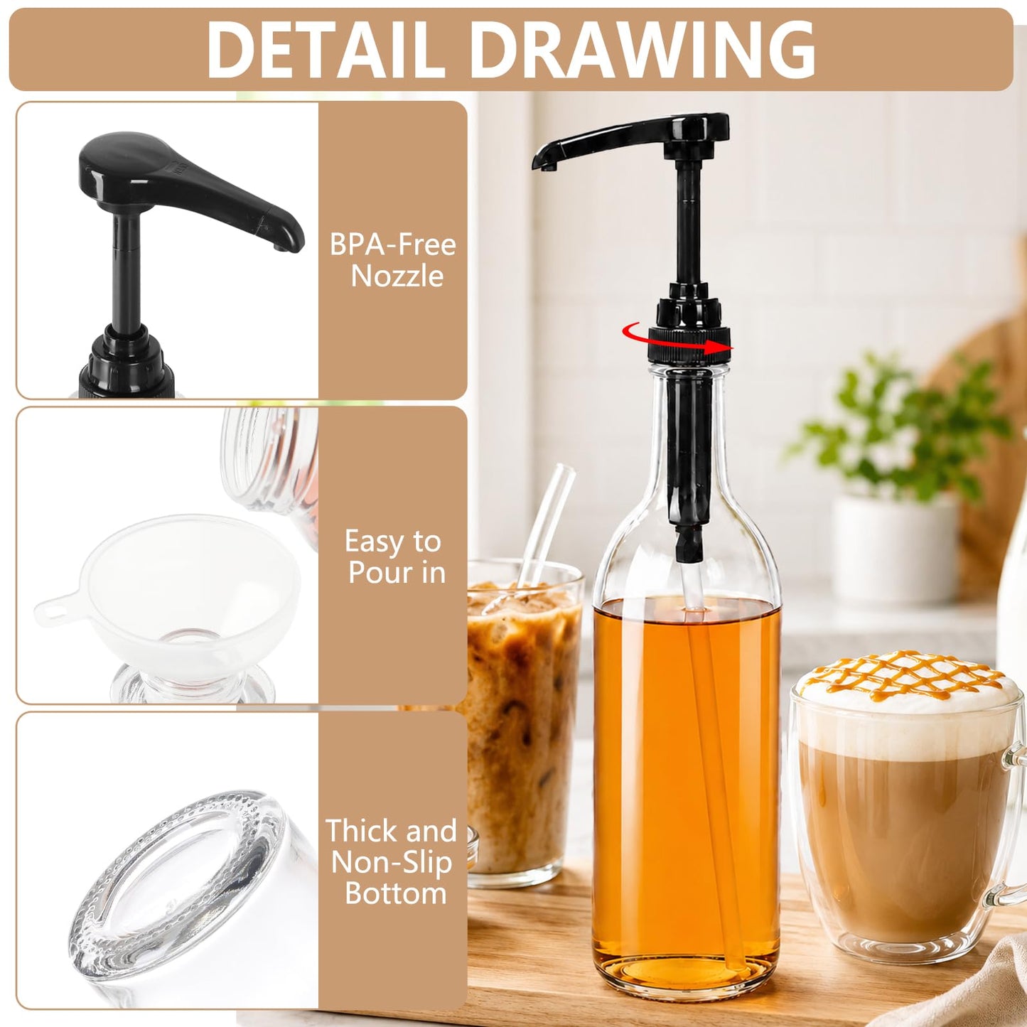 BPFY 3-Pack 25oz/750ml Round Glass Coffee Syrup Dispenser with Black Pump