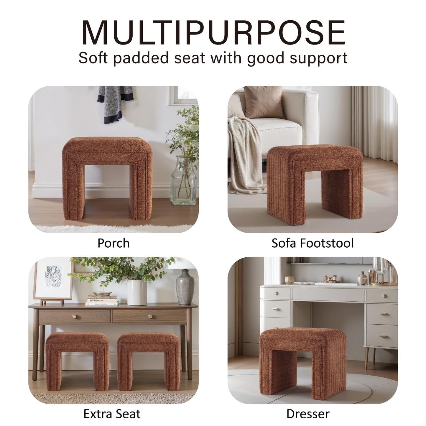 Get Set Style Vanity Stool Chair,Modern Boucle Ottoman Foot Stool with Wooden Legs Sofa Bench Footstool Extra Seat for Vanity,Makeup Room,Living Room,Entryway,Office (Fully Assembled) (Brown)