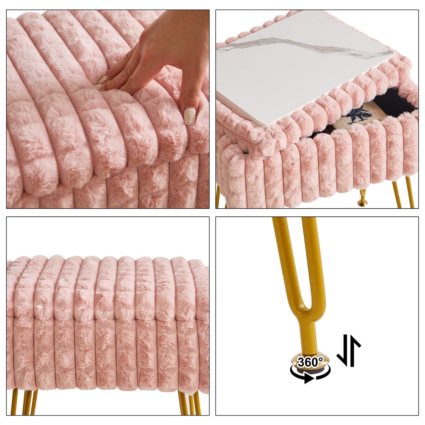 IBUYKE Rectangle Vanity Chair with Storage Space, Footrest Footstool Ottoman, Vanity Stool, Dressing Table Chair, with Anti-Slip Feet, for Makeup Room, Bedroom, Square Grid Pattern, Pink WBD004P