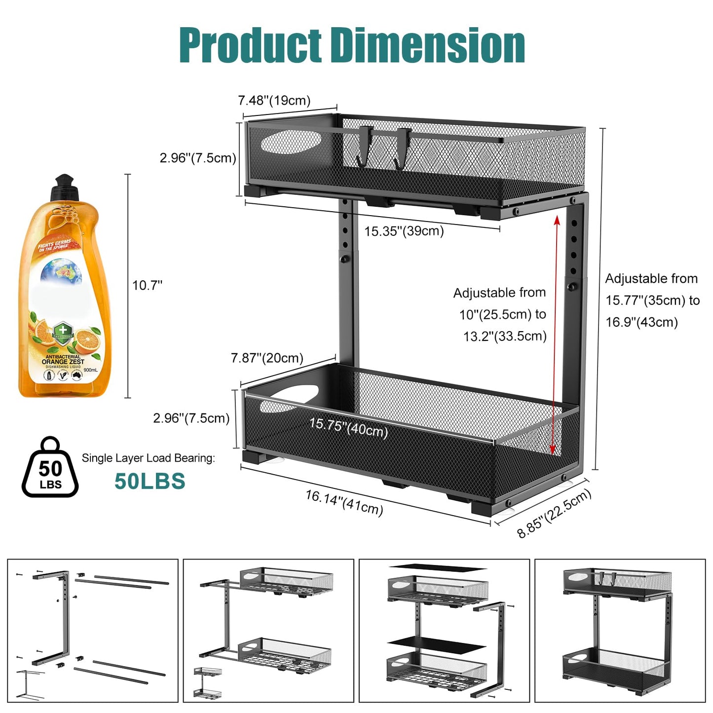 Housolution 2 Pack Under Sink Organizer, 2 Tier Metal Pull Out Under Sink Storage with Sliding Mesh Drawers, Height Adjustable Slide Out Under Sink Organizer for Kitchen Bathroom Cabinet, Black