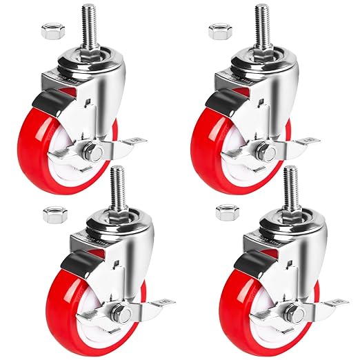 4 inch Stainless Steel Caster Wheels Heavy Duty, 1/2"-13x1-1/2 Threaded Stem Casters with Side Brake, Rust Resistant, Polyurethane PU Wheels for Hospital, Lab, Furniture, Restaurant