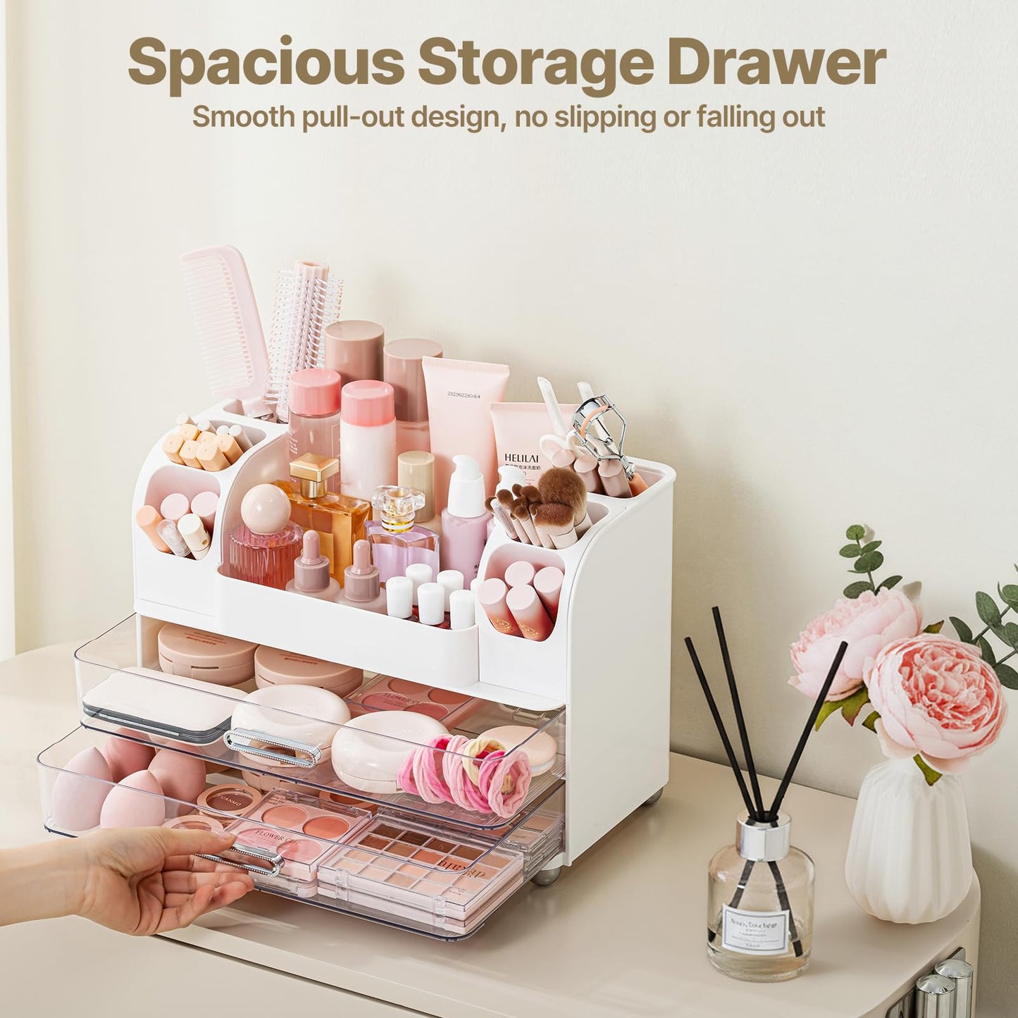 Makeup Organizer with Brush Holder, Makeup Organizer Countertop with 2 Drawers, Make up Organizers for Vanity, Vanity Organizer, Makeup Storage For Skin Cares,Makeup Brushes,Lipsticks,Perfumes(White)