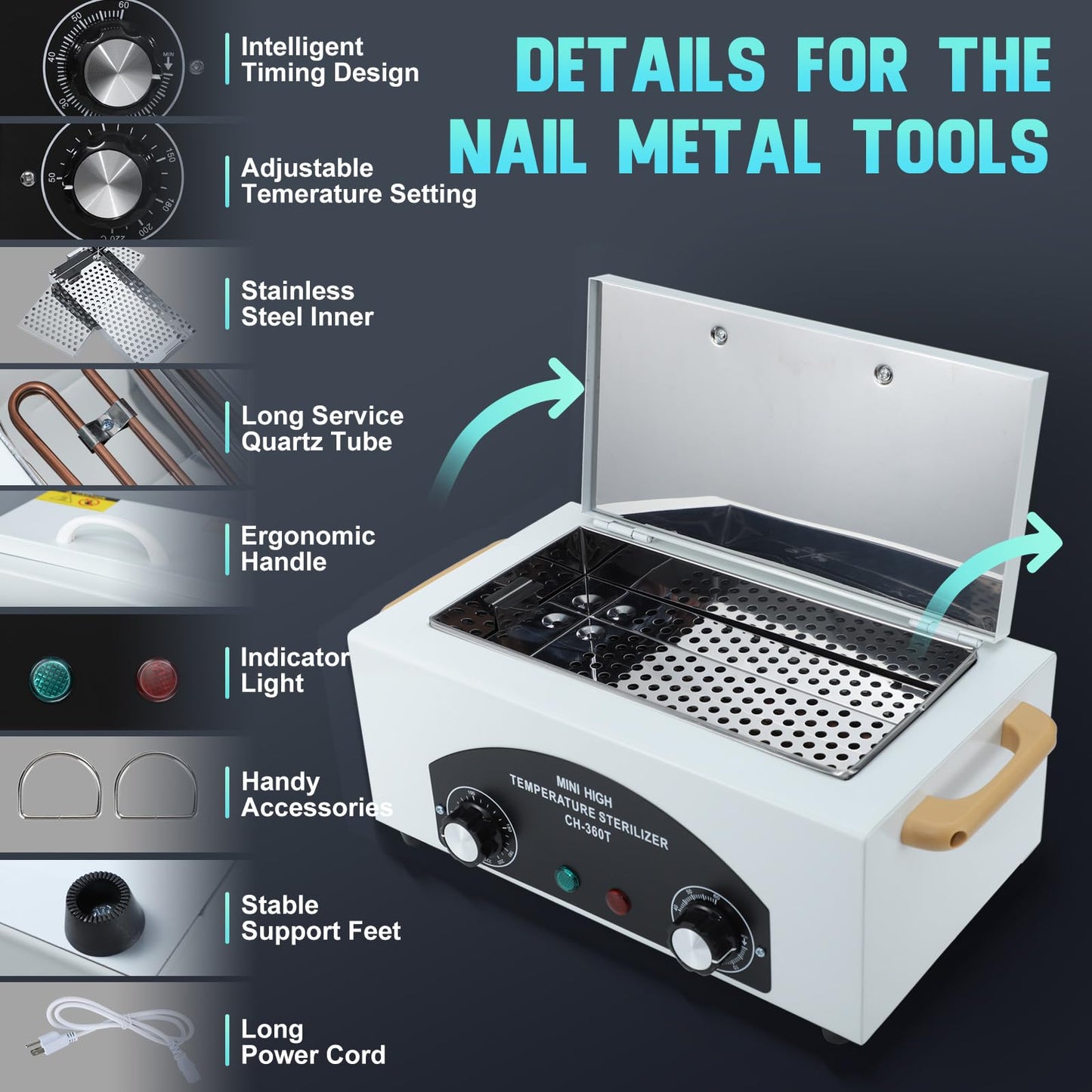 High Temperature Metal Tool Cleaning Box, 110V 300W 1.5L with Timer Manicure Pedicure SPA Salon Barber Equipment for Sundry Beauty Hair Nail Metal Tools with Handle