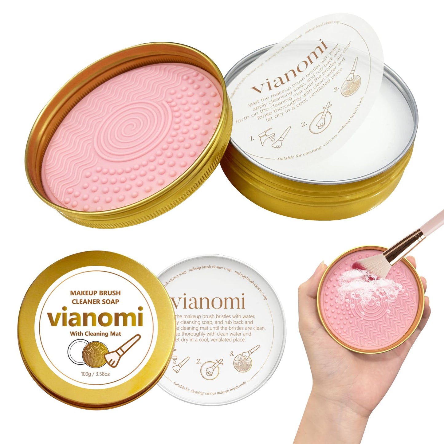 Litthap Coconut Oil Vegan Makeup Brush Cleaner Soap with 3-Zone Silicone Mat | Cruelty-Free Solid Cleanser for Blenders & Puffs