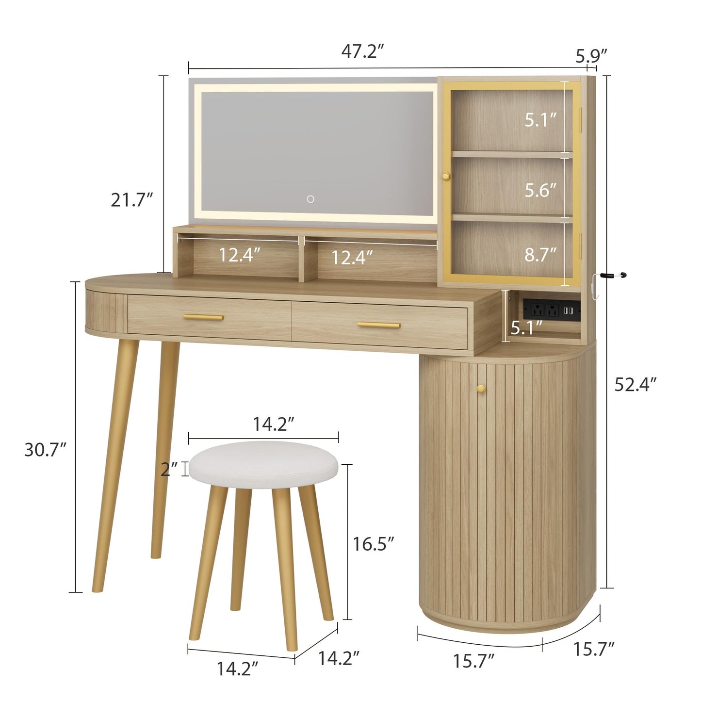 Garvee Vanity Desk with Light Mirror, 47.2 Inch Vanity Table with Stool and Charging Station, Modern Makeup Table with Drawer and Cabinet, Makeup Desk with Glass Door, Adjustable Shelf for Bedroom
