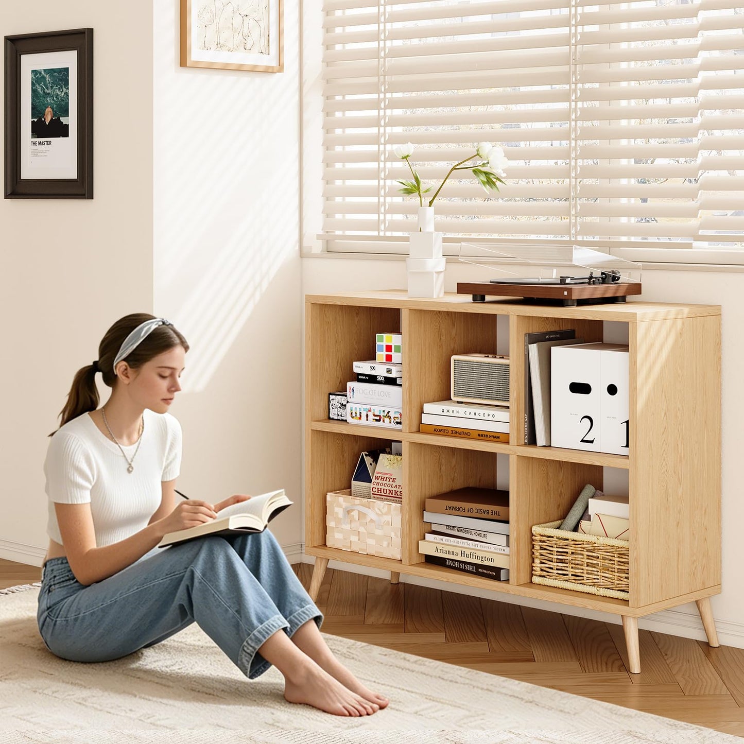 Flrrtenv 6 Cube Storage Organizer, Wood Bookcase with Legs, Modern Freestanding Cubby Shelving Unit, Book Shelf Toy Storage Cabinet for Bedroom, Living Room, Kids Room, Fits 11 Inch Bins, Natural