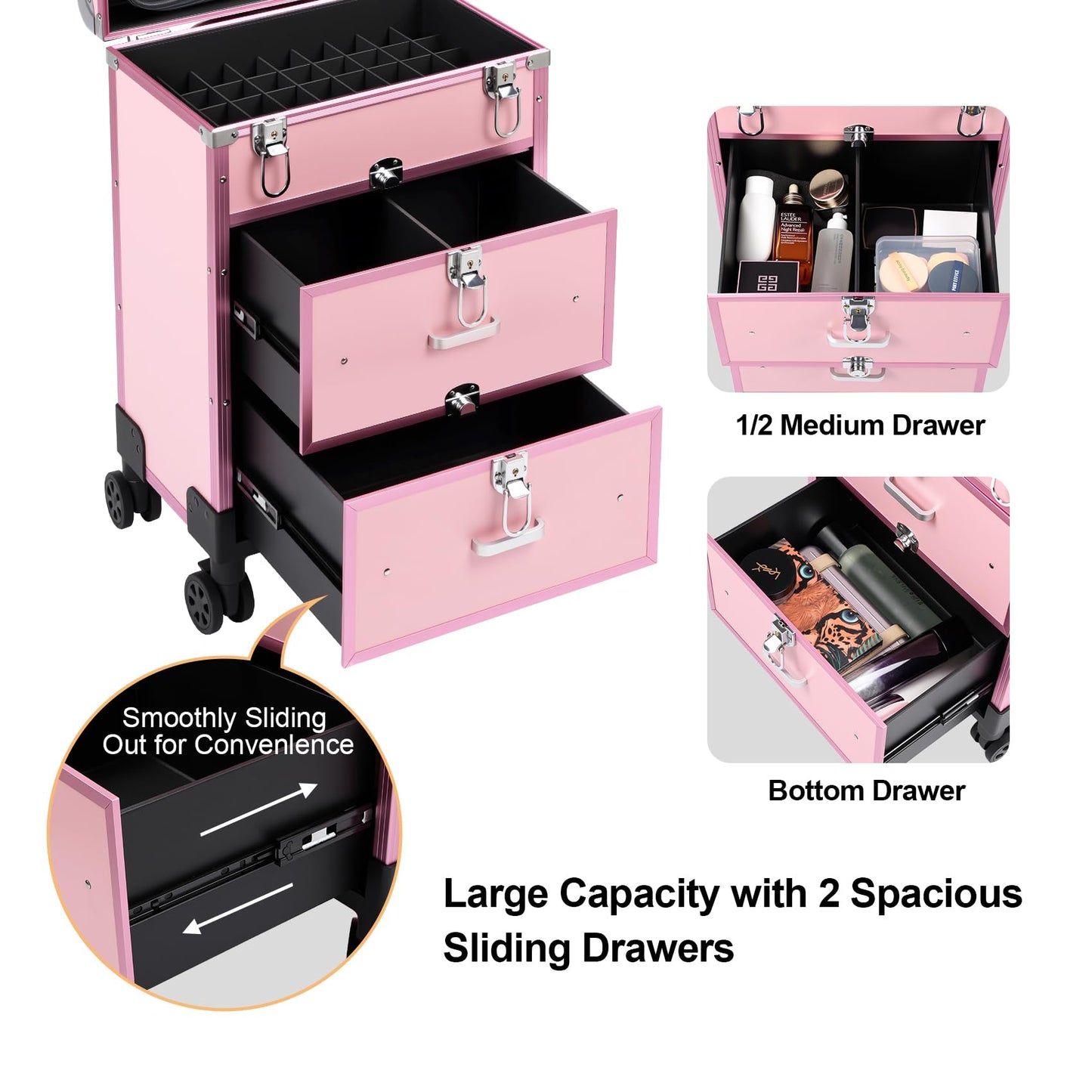 3 in 1 Rolling Makeup Case, Professional Cosmetology Case on Wheels, Detachable Clear Makeup Bag & Nail Polish Organizer, Portable Makeup Trolley with Drawers for Makeup Artists & Nail Technicians